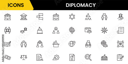 The diplomacy outline icon set comprises spoken and written communication, leaders, diplomats, the international system, and foreign policy. 