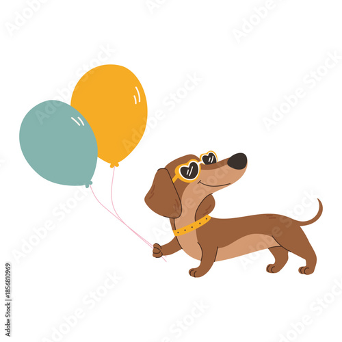 Cute cartoon dachshund wearing sunglasses and holding balloons. Celebration. Children's illustration on a white background.