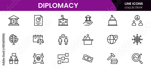 The diplomacy outline icon set comprises spoken and written communication, leaders, diplomats, the international system, and foreign policy. 