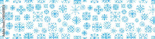 Seamless pixel snowflake pattern on white background. Winter vector Illustration background. Seamless Pattern of Christmas Knitted Snowflakes. Christmas Pixel for winter backgrounds, holiday cards.