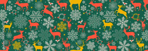 Seamless pattern Christmas with reindeer and snowflakes. Winter holiday background, seamless pattern decoration. Vintage Christmas reindeer pattern pastel red, green, gold color. Vector illustration.