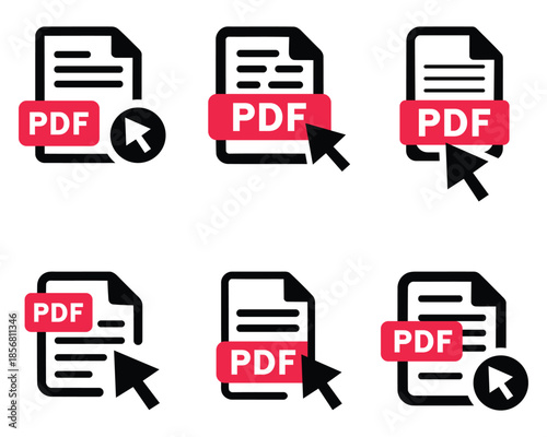 Pdf file icon set with click interaction symbols
