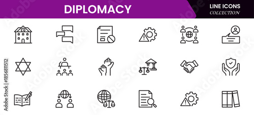 The diplomacy outline icon set comprises spoken and written communication, leaders, diplomats, the international system, and foreign policy. 