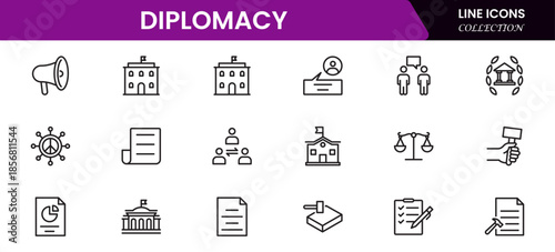 The diplomacy outline icon set comprises spoken and written communication, leaders, diplomats, the international system, and foreign policy. 
