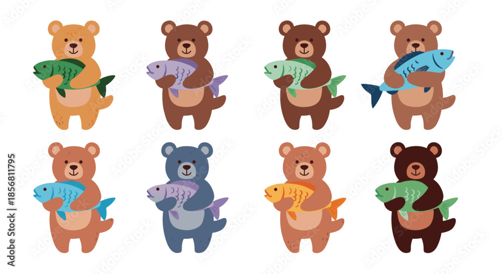Fototapeta premium Charming collection of eight cute cartoon bears in different colors, each proudly holding a large fish they have caught for dinner.