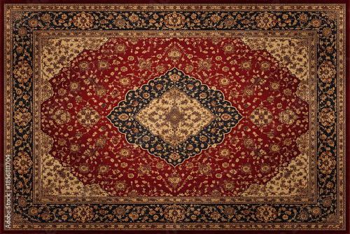 Old Persian carpet with pattern. top view. Old Red Persian Carpet Texture, abstract ornament
