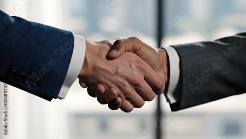 Close-up slow motion of two professionals in suits shaking hands near window symbolizing agreement and partnership