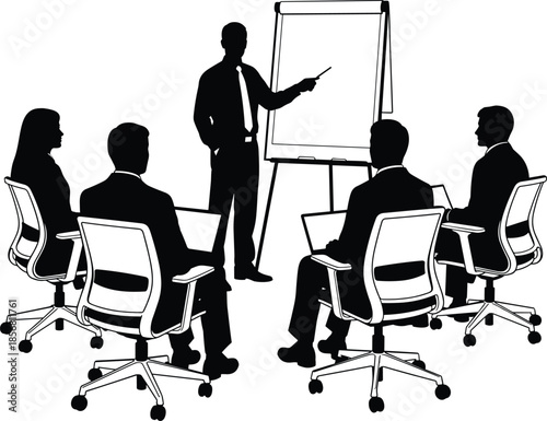 Flat vector business meeting presentation silhouette, corporate training, teamwork strategy, office chairs, flip chart, professional communication, conference room scene