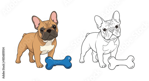 A charming illustration of a French bulldog puppy standing next to a blue bone toy, with a matching black and white coloring page version.