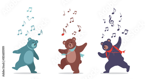 Three colorful cartoon bears wearing scarves happily dancing under falling musical notes, each with a unique joyful expression and pose.