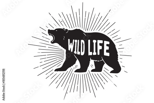 Vintage Wildlife Bear Silhouette Logo - Grizzly Bear Sunburst Emblem with Retro Typography