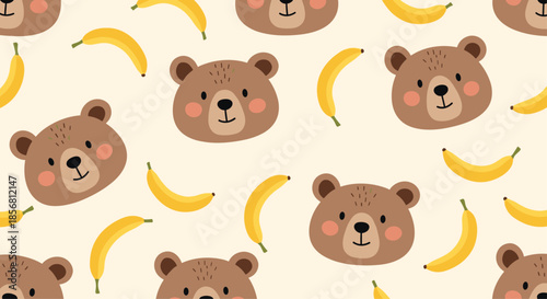 Adorable seamless pattern of cute brown bear heads with rosy cheeks and yellow bananas scattered on a light cream background.