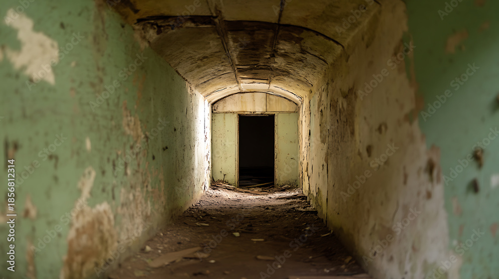 Obraz premium A mysterious, forgotten hallway with peeling paint and a dark doorway at the end, suggesting a long and neglected past. The light beckons to the unknown. #AbandonedPlaces