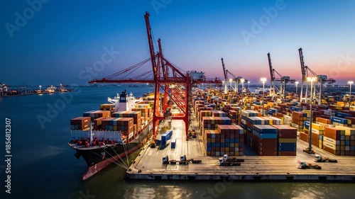 Industrial shipping port with cranes and cargo containers at dusk