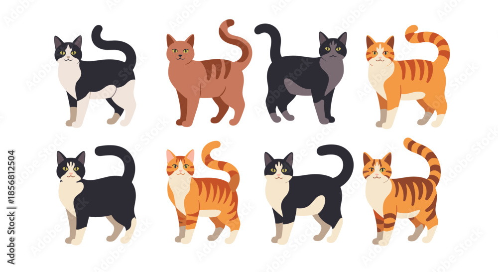 Fototapeta premium A charming set of eight cartoon cats in standing poses, featuring tuxedo and ginger tabby patterns with slight variations in design.