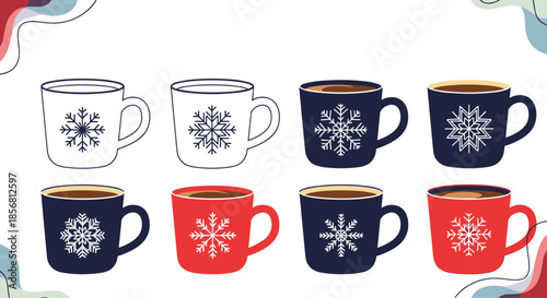 Set of cozy winter mugs decorated with snowflakes in various colors including red and blue, plus a simple outline version. This collection is ideal for holiday designs.