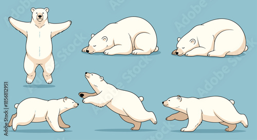 Collection of cartoon polar bear illustrations in various dynamic and resting poses, like jumping and sleeping. This arctic animal set is on a light blue background.