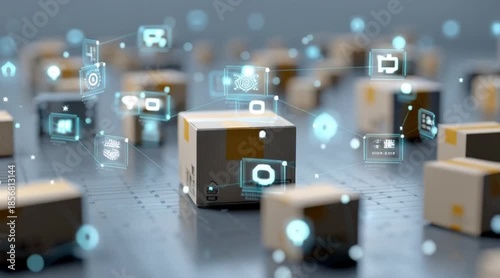 Packages with digital icons floating around, representing modern logistics and supply chain management