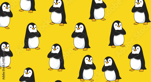 Playful seamless pattern of cute cartoon penguins with crossed arms standing on a bright yellow background for kids' designs. This is a fun and cheerful animal print.