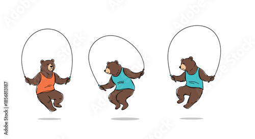Hand-drawn illustration of three athletic cartoon bears in tank tops exercising by skipping with a jump rope. This sketchy design has a fun, active vibe.