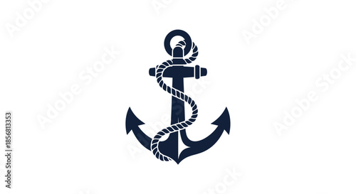 Classic navy blue ship anchor icon with a rope wrapped around it, symbolizing maritime, nautical, and naval themes. This simple logo is isolated on a white background.