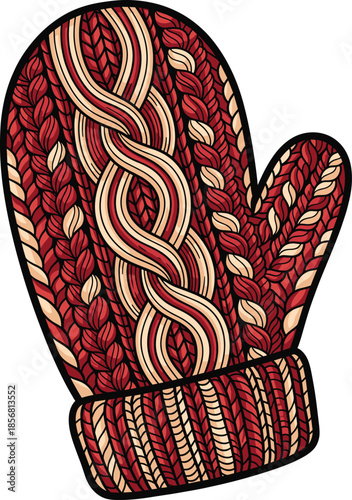 Intricate Knitted Mitten with Cable Knit Pattern, Detailed Winter Handwear Vector Illustration Isolated on White Background for Seasonal Design