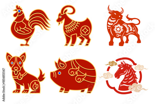 Golden Red Chinese Zodiac Animals