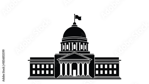 A striking black and white silhouette of a capitol building with a prominent dome and flag