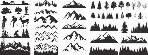 forest silhouette vector illustration of people camping around a campfire under mountain sky adventure and travel concept beautiful landscape exposure outdoor exploration design elements.