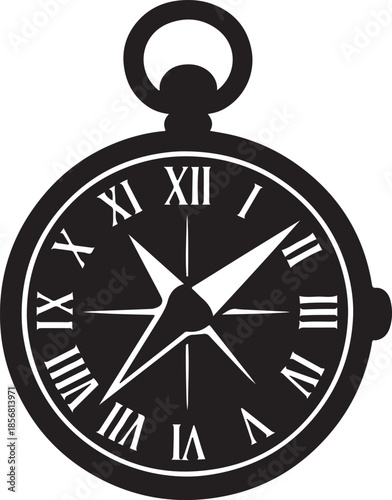 Black pocket watch with white roman numerals and hands on white background clock