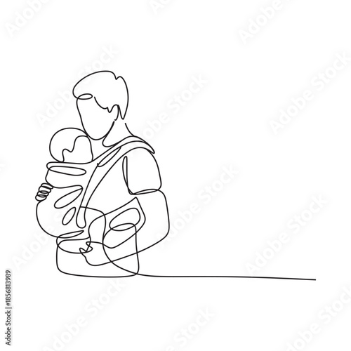 A loving father carries his baby in a sling a single line drawing