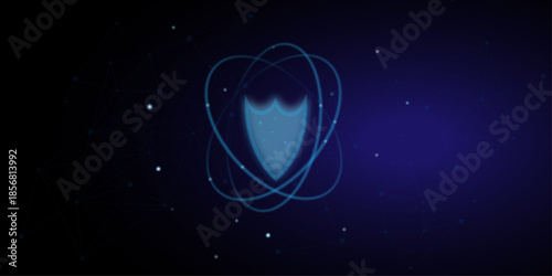 Abstract atom cosmic icon or symbol. Nuclear science concept on technology blue background. Chemistry science concept