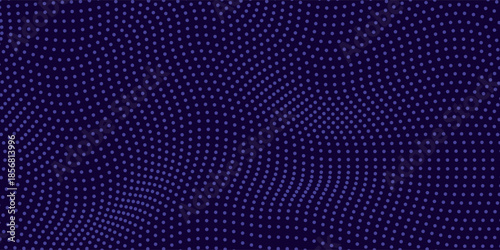 Abstract purple halftone dots background with flowing wave pattern n depth effect, modern digital texture design suitable for technology themes, presentations, posters, branding, websites, wallpapers.