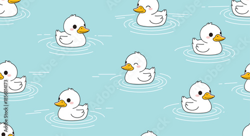 Seamless repeating pattern of cute cartoon white ducks with yellow beaks swimming happily in pale blue water, creating gentle ripples around them.
