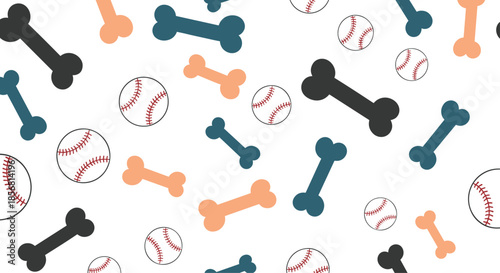 Playful seamless pattern featuring colorful dog bones in teal, black, and peach, scattered with classic red-stitched baseballs on a plain white background.