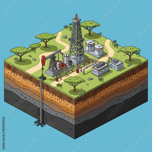 Isometric illustration of an oil drilling site with a cross-section showing underground oil extraction and surface infrastructure.