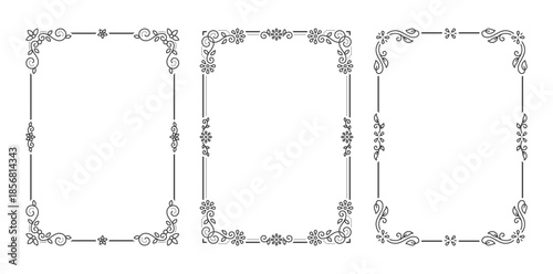 Vintage Line Art Luxury Ornamental Border Frame Set Curls Corner Floral Ornament. Elegant Decorative Ornate Rectangular Vertical Frames for Certificate, Wedding, Invitation Card. Vector Illustration