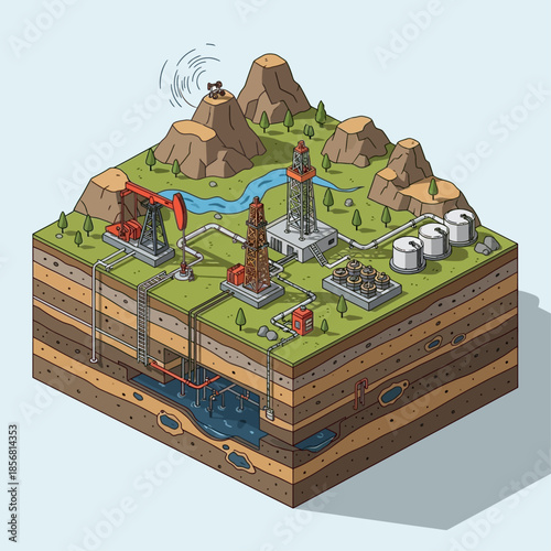 Isometric cross-section of oil and gas extraction process showing underground reservoirs, drilling rigs, pumpjacks, pipelines, and storage tanks in a natural landscape.