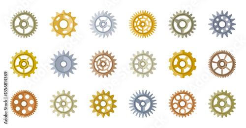 Gear Cog Flat Icon Set. Industry Mechanical Engineering Gearwheel. Technology Industrial Metal Cogwheels for Factory Automation Technical Projects. Machinery Graphic Elements. Vector Illustration