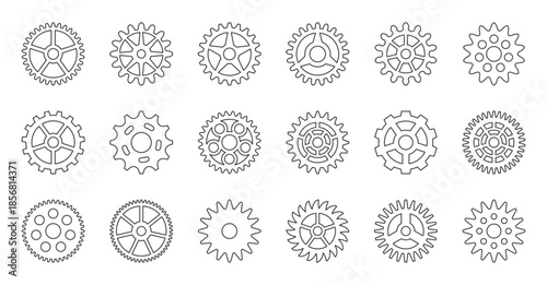 Gears Cogs Black Line Icon Set. Gearwheel Mechanical Engineering Technology Industrial Outline Metal Cogwheels for Factory Automation Projects. Machinery Manufacturing Elements. Vector Illustration