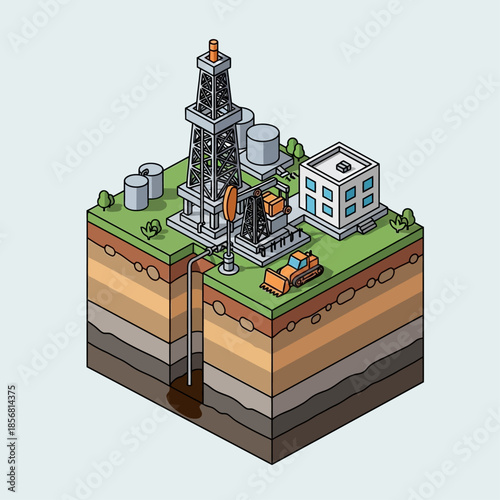 Isometric illustration of an oil drilling platform with underground layers and machinery.