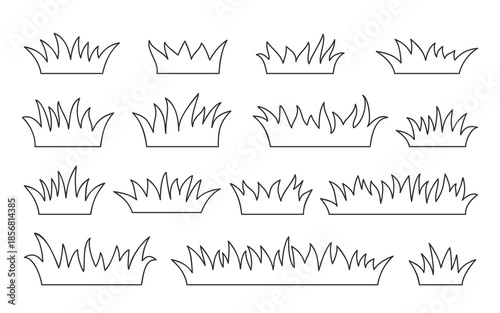Grass Organic Growth Black Line Icon Set. Hand Drawn Outline Natural Meadow Lawn Elements for Landscape Coloring Page, Eco Backgrounds. Organic Grass Shapes Borders. DIY Stamping. Vector Illustration