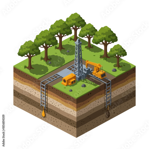 Isometric view of an oil drilling site with a rig, excavator, and underground geological layers.