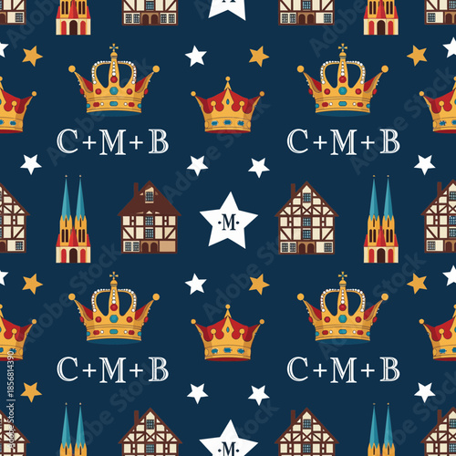 Epiphany Celebration Pattern with Crowns, Houses and Stars