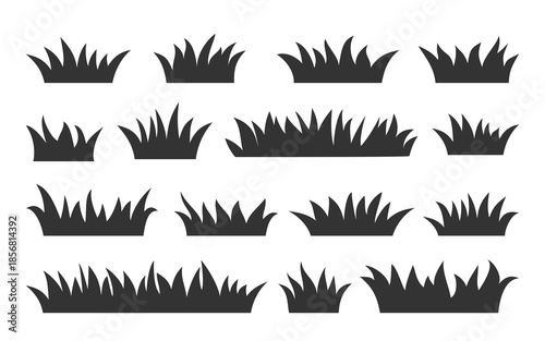 Grass Organic Growth Black Silhouettes Icon Set. Hand Drawn Meadow Lawn Elements for Landscape Design, Nature Eco Background. Greenery Grass Shapes Borders. DIY Stamping Stencils. Vector Illustration