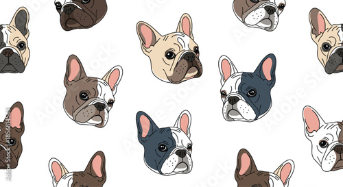 Seamless background pattern featuring a variety of cute, colorful cartoon French Bulldog heads, perfect for dog lovers, textile prints, or wrapping paper designs.