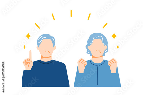 一般のシニア夫婦が喜んでいる表情のイラスト。フラットデザイン。