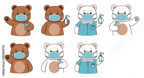 Topical collection of cartoon bears wearing medical face masks and holding hand sanitizer, with some dressed as nurses, promoting hygiene and safety.