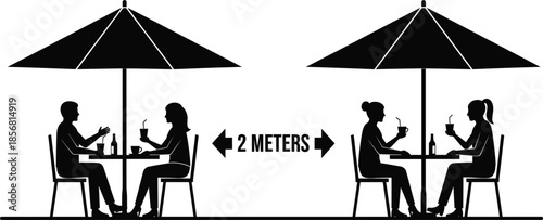 Black silhouette illustration of people practicing social distancing at outdoor cafe tables Keywords: social distancing, 2