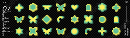 Y2k gradient aura with flower and heart blur shape. Green and yellow abstract aesthetic element. Blurry neon glow with soft mesh transparent effect. Cute retro vector trendy and groovy design